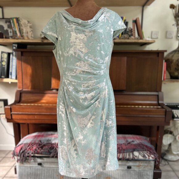 Tahari by Arthur S. Levine Metallic Ruched Sheath Dress | Size 12 | Silver Aqua - Picture 1 of 9